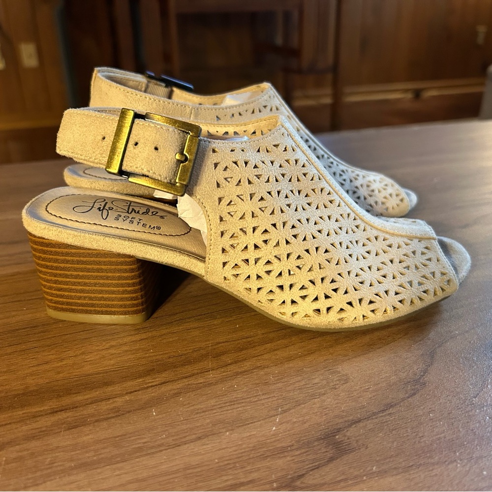 Life Stride Beige Laser-Cut Open-Toe Block Heel Sandals